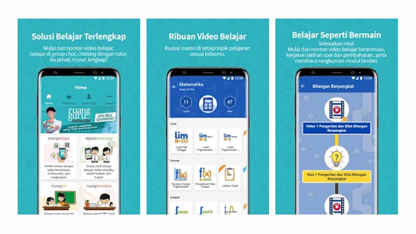 Ruangguru merupakan aplikasi pendidikan Android kayar anak Bangsa Bahasa Indonesia