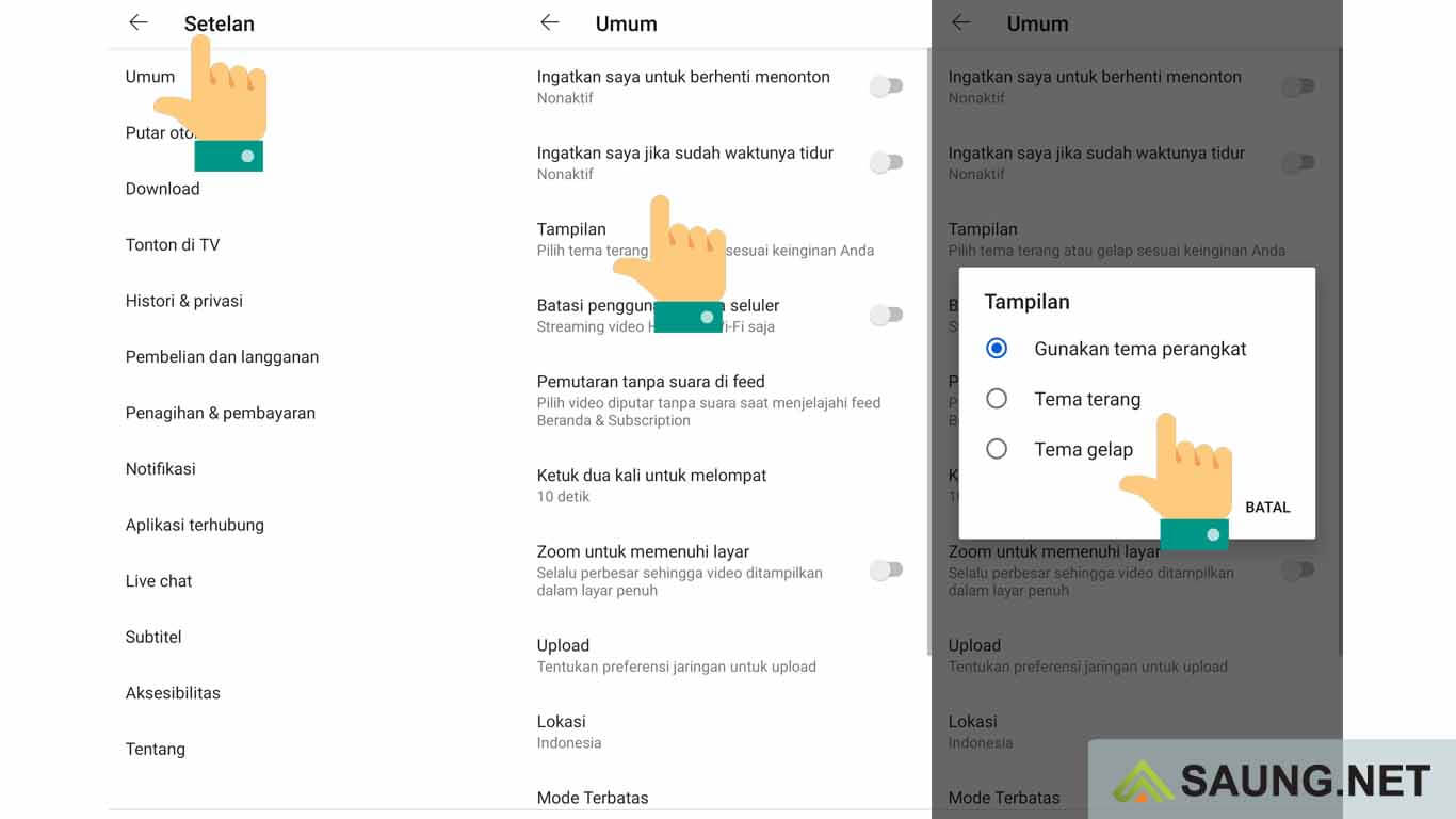 cara mode gelap youtube android